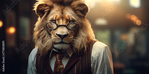 Stylish Scholarly Lion Dressed in Suit and Tie Banner: Regal Wisdom Blends with Fashion
