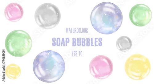 Watercolor soap bubbles. Set. Vector illustration on a white background