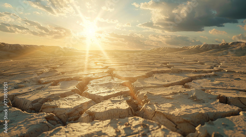 Severe drought desert landscape with cracked mud and intense sunlight, global warming concept. photo