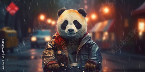 Mysterious Panda Rider Cruises Through Rainy Cityscape - Adventure Awaits Banner