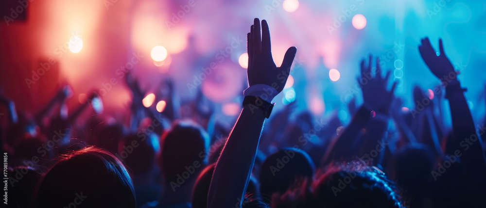 Big concert stage illustration. live music, instrumental, rock n roll session. Cheering crowd with raised hands with rays, searchlight Silhouette of people. festival background. Generative ai. - obrazy, fototapety, plakaty 