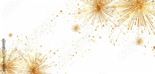 Gold glittering fireworks in a delicate and fine detailed style  on a white background with simple lines with blank space Generative AI