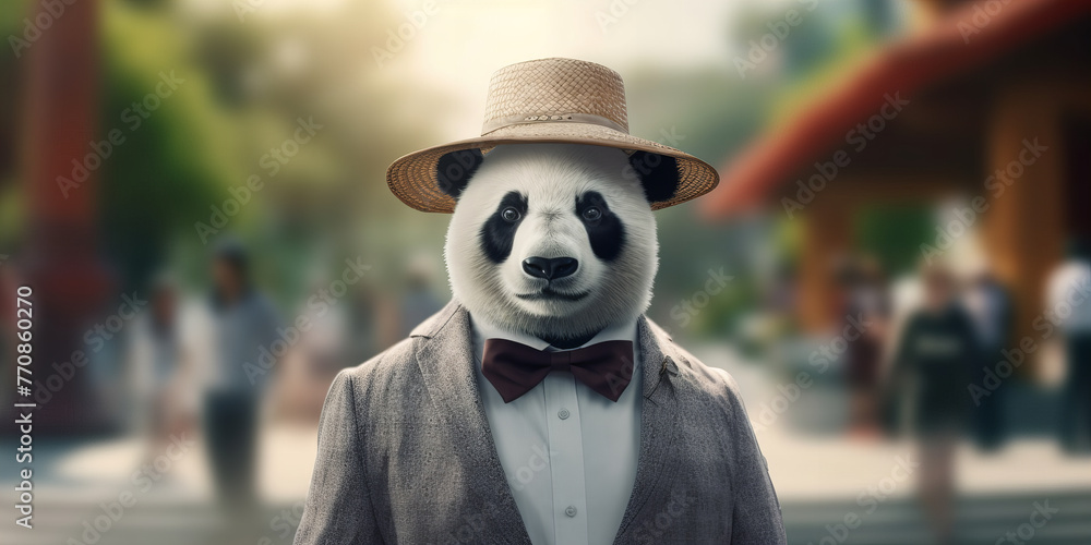 Panda in Suit and Straw Hat on Human Body at Busy Street Scene Banner Panda in Suit and Straw Hat on Human Body at Busy Street Scene Banner