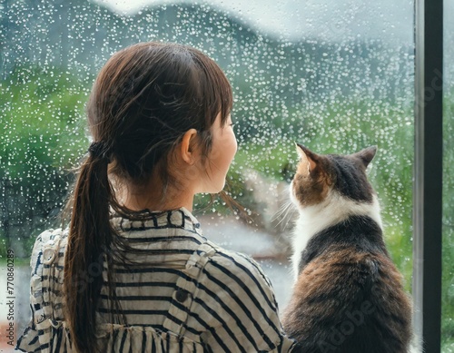 窓から雨を眺める女の子と猫のイメージ2