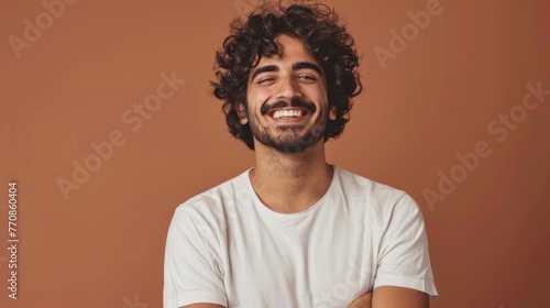 man with long curly hair smiling generative ai
