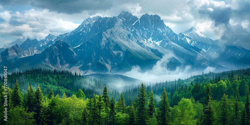 Majestic Misty Mountain Landscape in Verdant Springtime