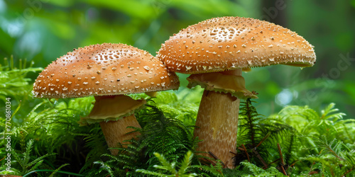 Pair of brown cap mushrooms growing amidst the green moss in a dense forest