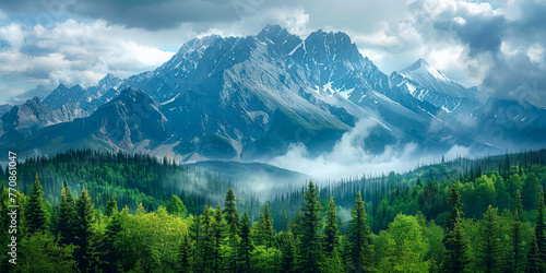 Majestic Misty Mountain Landscape in Verdant Springtime © smth.design