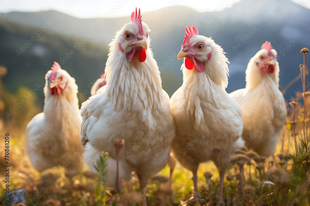 Fototapeta premium Portrait of chickens on a green grass meadow in mountains, bright sunny day, on a ranch in the village, rural surroundings on the background of spring nature