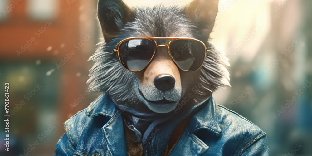 Cool Canine Chic: Sunglasses and Leather Jacket Fashion Banner - obrazy, fototapety, plakaty 