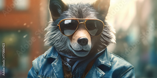 Cool Canine Chic: Sunglasses and Leather Jacket Fashion Banner