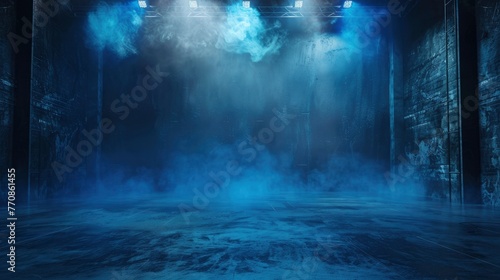 The dark stage shows  dark blue background  an empty dark scene  neon light  and spotlights and studio room with smoke float up the interior texture for display products - generative ai