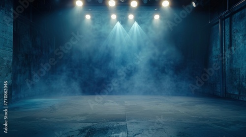 The dark stage shows, dark blue background, an empty dark scene, neon light, and spotlights and studio room with smoke float up the interior texture for display products - generative ai