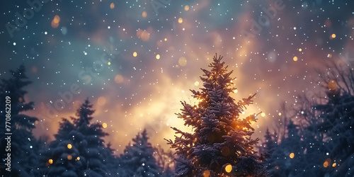 magic winter background with copy space Christmas tree and Christmas lights on abstract snowy landscape background.