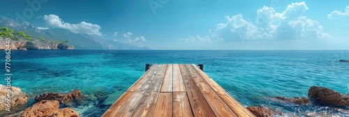 Wood Table Top On Blue Sea, Background HD, Illustrations