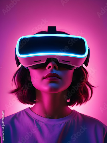girl in virtual reality glasses close-up in neon style on a purple background © katerinka