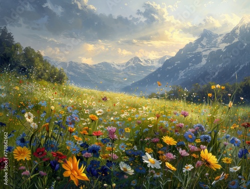A tranquil and enchanting early morning scene is created as a serene sunrise illuminates a misty meadow teeming with colorful wildflowers. © JackBoiler