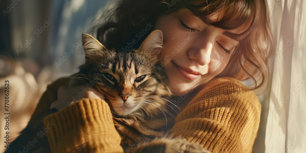 Cozy Comfort: Woman and Maine Coon Cat Sharing a Serene Moment