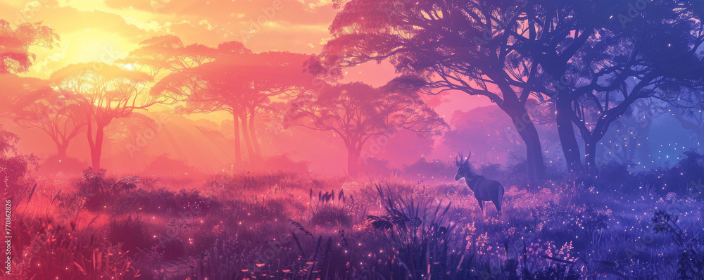 Dreamlike savannah, animals bathed in soft, ethereal lighting with dynamic color gradients