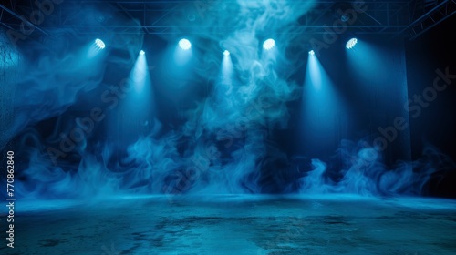 The dark stage shows, dark blue background, an empty dark scene, neon light, and spotlights and studio room with smoke float up the interior texture for display products - generative ai