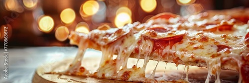 A detailed shot of a gourmet pizza slice with melted cheese pepperoni and a golden crust on a wooden board The background is blurred focusing on the pizzas vibrant tempting details Cinematic Style