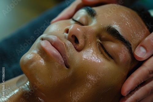 A man is getting a facial massage, with soothing hands working on his face