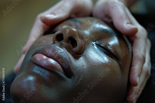A woman is getting a facial massage with soothing hands and a relaxed expression on her face