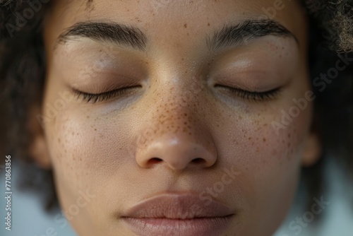 A close-up of a womans face with her eyes shut, engaged in deep breathing exercises to reduce stress photo