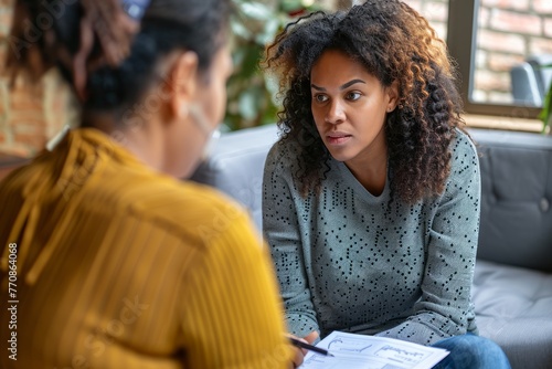 A woman sitting on a couch engaged in a conversation with another woman