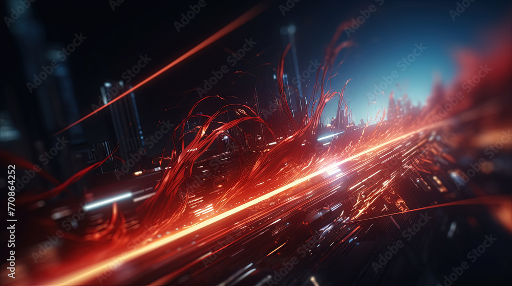 Obraz premium Abstract technology burst with glowing wires and particles in motion. Technology and science dynamic background.