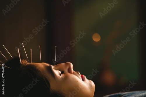 A woman is laying down with pins inserted in her hair, receiving acupuncture treatment