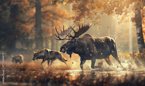 Professional adventure photo of a moose fleeing from wolfs © RobertNyholm