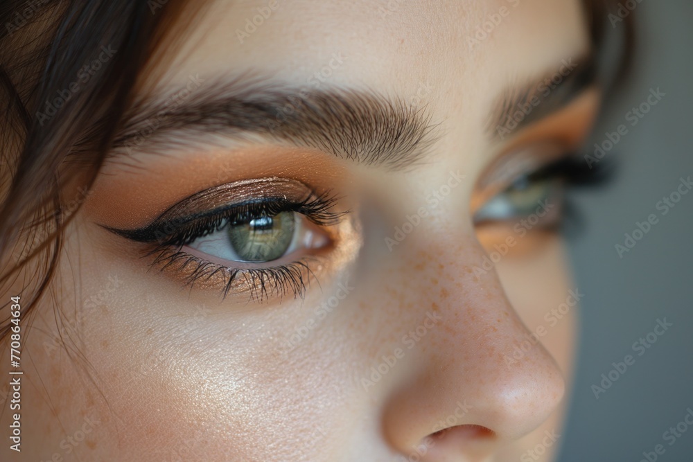 Fototapeta premium A close up of perfect winged eyeliner and shimmering eyeshadow, paired with full, fluttering lashes