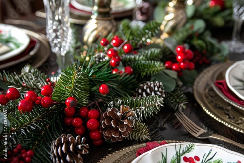 Christmas table adorned with pine cones, holly, and red berries in a festive setting