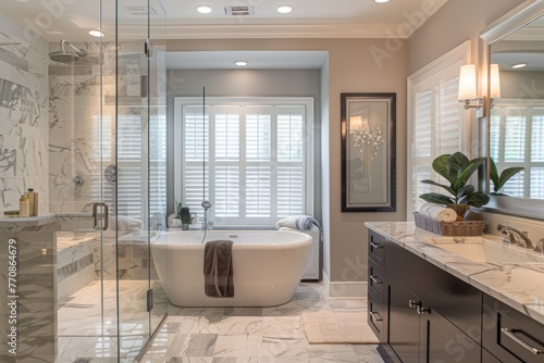 A high-angle shot of a luxury bathroom featuring a freestanding bathtub  sink  mirror  and marble accents