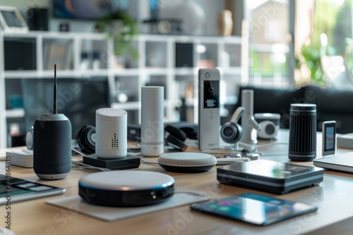 A high-angle view of a table filled with various electronics and a cell phone, showcasing a smart home setup with voice-controlled assistants, smart thermostats, and security cameras