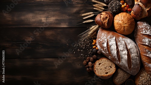 Top view of various freshly baked breads on wooden background with space for text