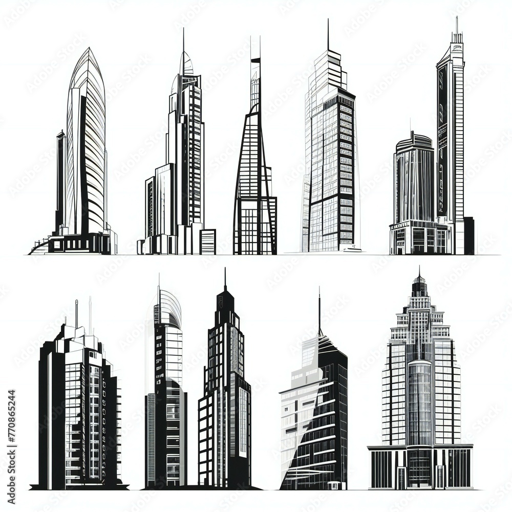 set of tall building black outline white illustration