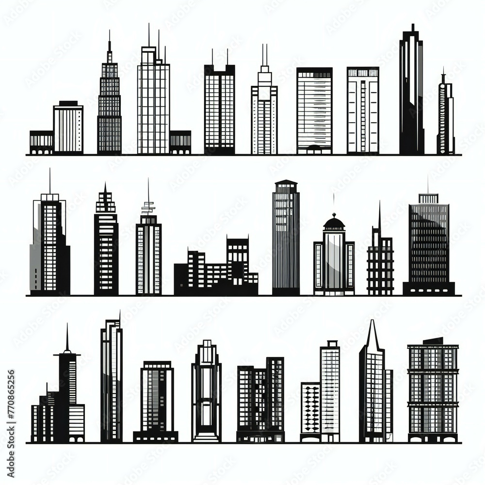 set of tall building black outline white illustration set of tall building black outline white illustration
