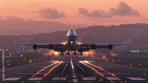 A large jetliner taking off from an airport runway at sunset or dawn with the landing gear down