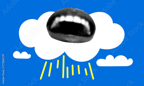 Modern collage. Pop art style smiling mouth and clouds. Halftone female lips in retro comic style. Happiness, success concept. Paradise pleasure. Woman glows with happiness. Joy of the Winner