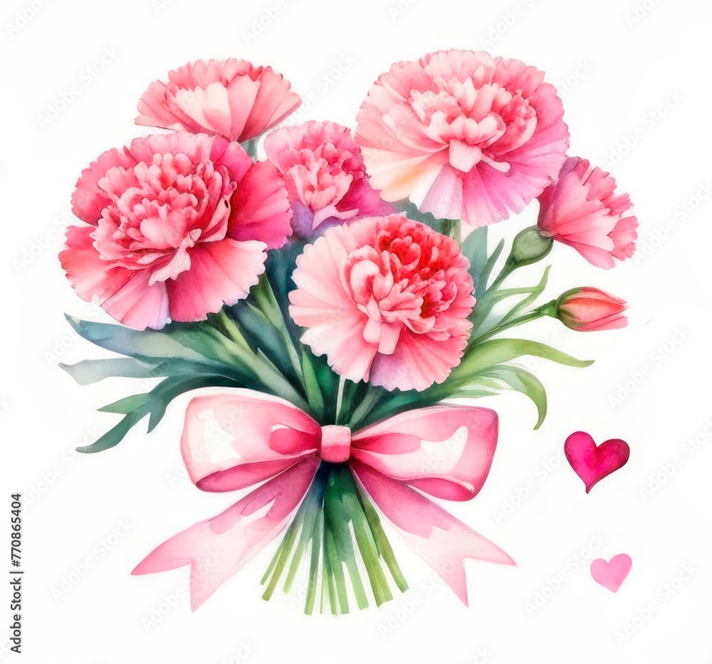 Floral isolated watercolor illustration on white background bouquet of carnations with hearts, elements for design greetings for mothers day, or birthday.