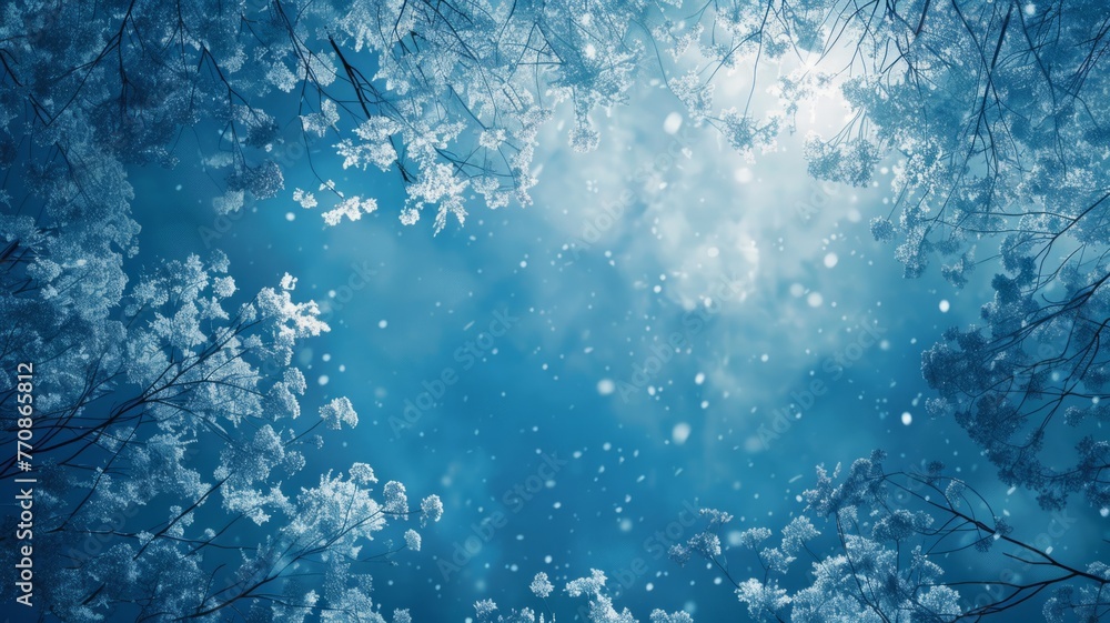 Winter wonderland with sparkling snowflakes - Enchanting forest canopy view looking up to a magical snowfall and sunlight filtering through - obrazy, fototapety, plakaty 