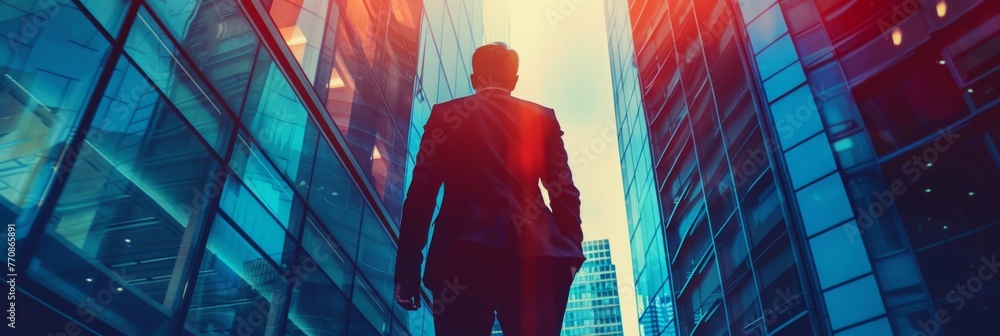 Businessman walking through glass buildings - A confident businessman strides through a modern cityscape, surrounded by towering glass buildings under a clear sky - obrazy, fototapety, plakaty 