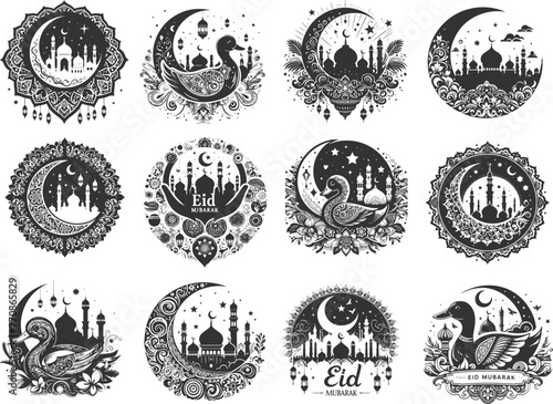  Eid Mubarak flat design mosque silhouette collection