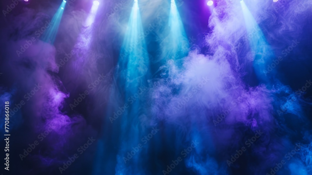 Dynamic purple smoke with spotlight effect - Dynamic purple and blue hued smoke under multiple spotlight beams creating a dreamlike stage atmosphere