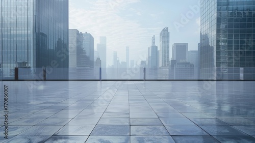 Empty terrace with a view of urban skyscrapers - Expansive tiled terrace offering a panoramic view of a city filled with tall skyscrapers and buildings