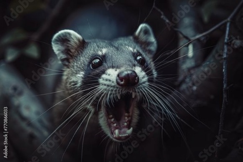 Fierce close-up of a snarling raccoon - Detailed image capturing the intense expression of a wild raccoon with a focus on its sharp teeth and aggressive stance