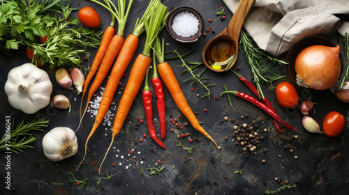 Carrots take center stage among a variety of fresh culinary ingredients.