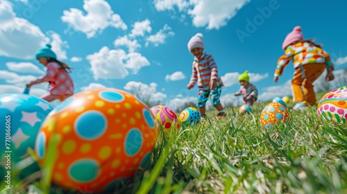 Children Playing in Grass With Easter Eggs